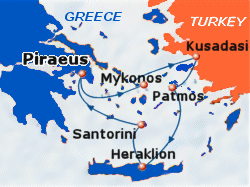 Map of 3-day cruise: round trip from Athens (Piraeus) to Mykonos, Kusadasi, Patmos, Heraklion, Santorini