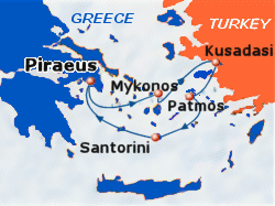 Map of 3-day cruise: round trip from Athens (Piraeus) to Mykonos, Kusadasi, Patmos, Santorini
