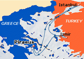 Map of 3-day cruise: round trip from Athens (Piraeus) to Istanbul and Izmir