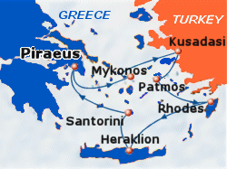 Map of 4-day Greek Islands & Turkey cruise: round trip from Athens (Piraeus) to Mykonos, Kusadasi, Patmos, Rhodes, Heraklion and Santorini