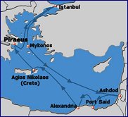 Small map of the seven-day cruise to Greece, Turkey, Israel and Egypt