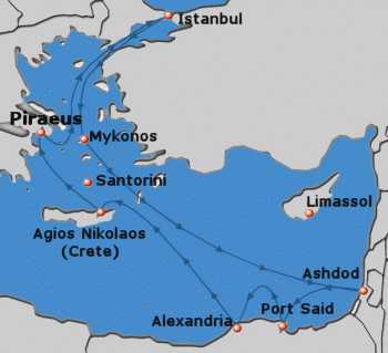 Map of 7-day cruise to Greece, Turkey, Israel and Egypt