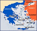 Small map of the seven-day cruise to Greece & Turkey