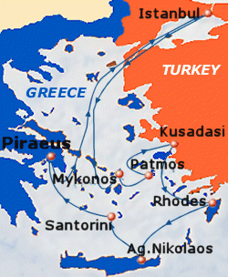 Map of 7-day Greek Islands & Turkey cruise: round trip from Athens (Piraeus) to Istanbul, Mykonos, Patmos, Kusadasi, Rhodes, Agios Nikolaos and Santorini