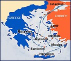 Small map of the seven-day cruise to Greece and Turkey