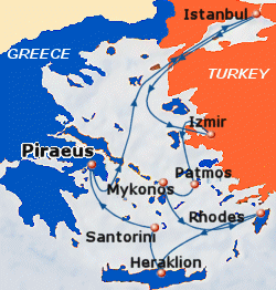 Map of 7-day cruise to Greece & Turkey, round trip from Athens
