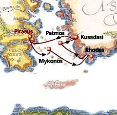Map of 3-day Aegean Discovery cruise: round trip from Athens (Piraeus) to Mykonos, Rhodes, Patmos and Kusadasi