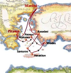 Map of 7-day Golden Fleece cruise: round trip from Piraeus (or Istanbul) Istanbul, Kusadasi, Santorini, Heraklion, Rhodes, Patmos and Mykonos