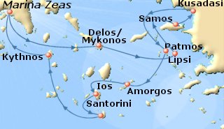 Map of the Aegean Odyssey small ship/yacht cruise