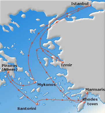 Map of 7-day Greek Islands & Turkey cruise: round trip from Athens (Piraeus) to Santorini, Marmaris, Izmir, Istanbul and Mykonos