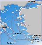 Small map of the seven-day cruise to the Greek islands and Turkey