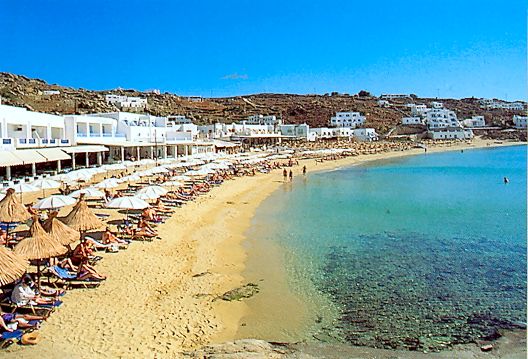 View of Platys Gialos beach on Mykonos