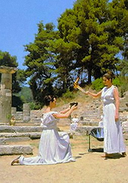 The lighting of the Olympic flame at the archaeological site of Olympia