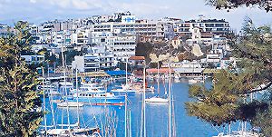 Mistral Hotel (3 stars) in Kastela, near Piraeus, Greece; view of the hotel from the opposite side of the port of Mikrolimano
