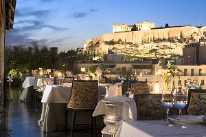 Royal Olympic Hotel in Athens, Greece; night view from the roof garden