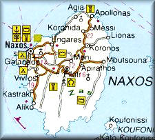 Map of Naxos Greek island; click for larger map of the area as well as for information and photos from Naxos