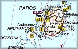 Map of Paros island; click for larger map of the area and for information & pictures of Paros