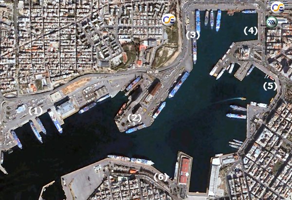 Map of the port of Piraeus indicating the ferries departure points.