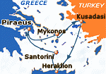 Small map of the 3-day Aegean Legends cruise (summer itinerary); click for bigger map & further info