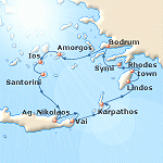 Map of the cruise from Rhodes to Symi, Bodrum, Amorgos, Ios, Santorini, Crete and Karpathos