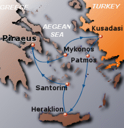 Map of 3-day Golden Splendour cruise: round trip from Athens (Piraeus) to Mykonos, Kusadasi, Patmos, Heraklion and Santorini