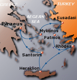 Map of 4-day Golden Classic cruise: round trip from Athens (Piraeus) to Mykonos, Kusadasi, Patmos, Rhodes, Heraklion and Santorini