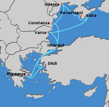 Map of 8-day 'Black Sea' cruise; round trip from Piraeus to Istanbul, Constanza, Odessa, Sevastopol, Yalta, Varna and Dikili.