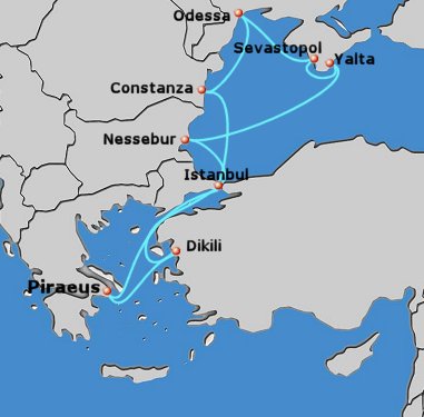 Map of 8-day 'Black Sea' cruise; round trip from Athens (Piraeus) to Istanbul, Constanza, Odessa, Sevastopol, Yalta, Nessebur and Dikili.