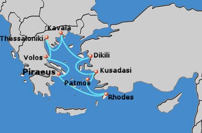 Map of 7-day 'Footsteps of St. Paul' cruise; round trip from Piraeus to Volos, Thessaloniki, Kavala, Dikili, Kusadasi, Patmos, Rhodes