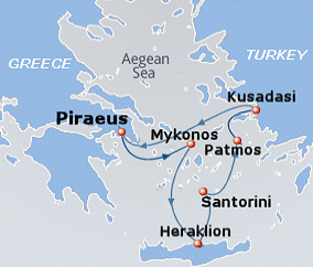 Map of 3-day  cruise: round trip from Athens (Piraeus) to Mykonos, Heraklion (Kriti), Santorini (Thira), Patmos, Kusadasi