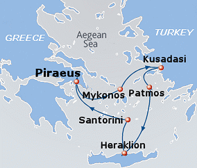 Map of 3-day  cruise: round trip from Athens (Piraeus) to Mykonos, Kusadasi, Patmos, Herkalio and Santorini