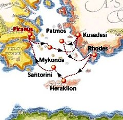 Map of 4-day Aegean Classic cruise: round trip from Athens (Piraeus) to Mykonos, Kusadasi (Ephessos), Patmos, Rhodes, Heraklion (Crete), Santorini
