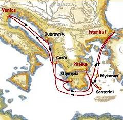 Map of 7-day Grand Mediterranean cruise: round trip from Piraeus (or Venice or Istanbul) to Corfu, Venice, Dubrovnik, Olympia, Istanbul, Myconos, Santorini