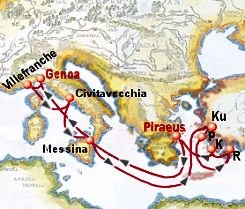 Map of 7-day Mediterranean Splendour cruise: round trip from Piraeus (or Genoa or or Rome) to Genoa, Villefranche, Civitavecchia (Rome), Messina, Kusadasi, Pythagorion (Samos), Rhodes, Kos
