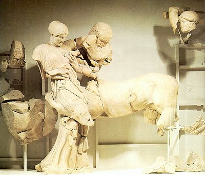Museum of Olympia: part of the western pediment of the Temple of Zeus, which depicts the abduction of the Lapith women by Centaurs