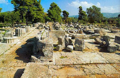 The Temple of Zeus at Olympia, which housed the magnificent gold and ivory (chryselephantine) statue of Zeus, one of the seven wonders of the ancient world. 