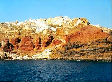 Santorini: view from the sea of the Oia village
