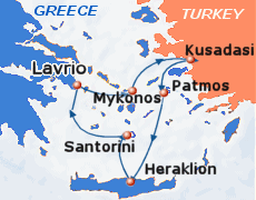 Small map of the 3-day Iconic Aegean cruise; click for bigger map & further info