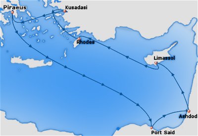 map of the 3 continents cruise starting from Athens