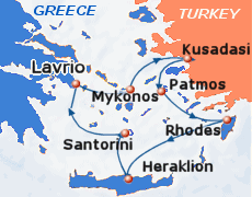 Small map of the 4-day Iconic Aegean cruise; click for bigger map & further info