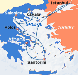 Small map of the 7-day Eclectic Aegean cruise; click for bigger map & further info