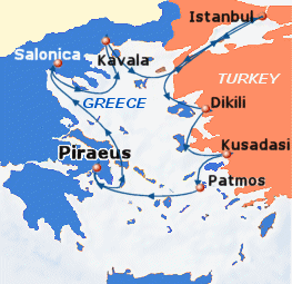 Small map of the 7-day Steps of Paul cruise; click for bigger map & further info