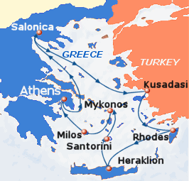 Small map of the 7-day Eclectic Aegean cruise; click for bigger map & further info