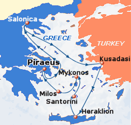 Small map of the 7-day Idyllic Aegean cruise; click for bigger map & further info