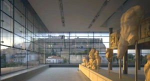 View of the Acropolis hill from inside the Acropolis Museum