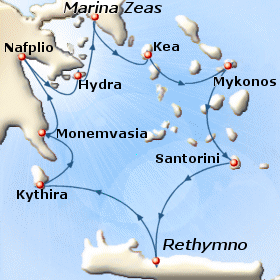 Small map of the 7-day Classical Greece cruise; click for bigger map & further info