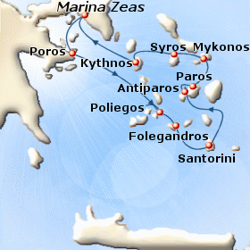 Map of the Jewels of the Cyclades cruise from Athens to Greek islands