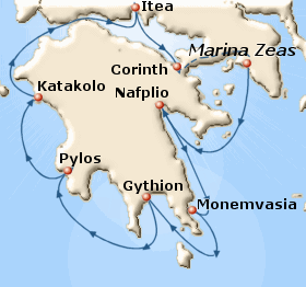 Small map of the 7-day Antiquity to Byzantium cruise; click for bigger map & further info