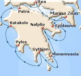 Map of cruise around Peloponnese and to Delphi