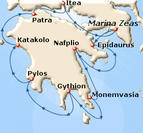 Small map of the 7-day Antiquity to Byzantium cruise; click for bigger map & further info